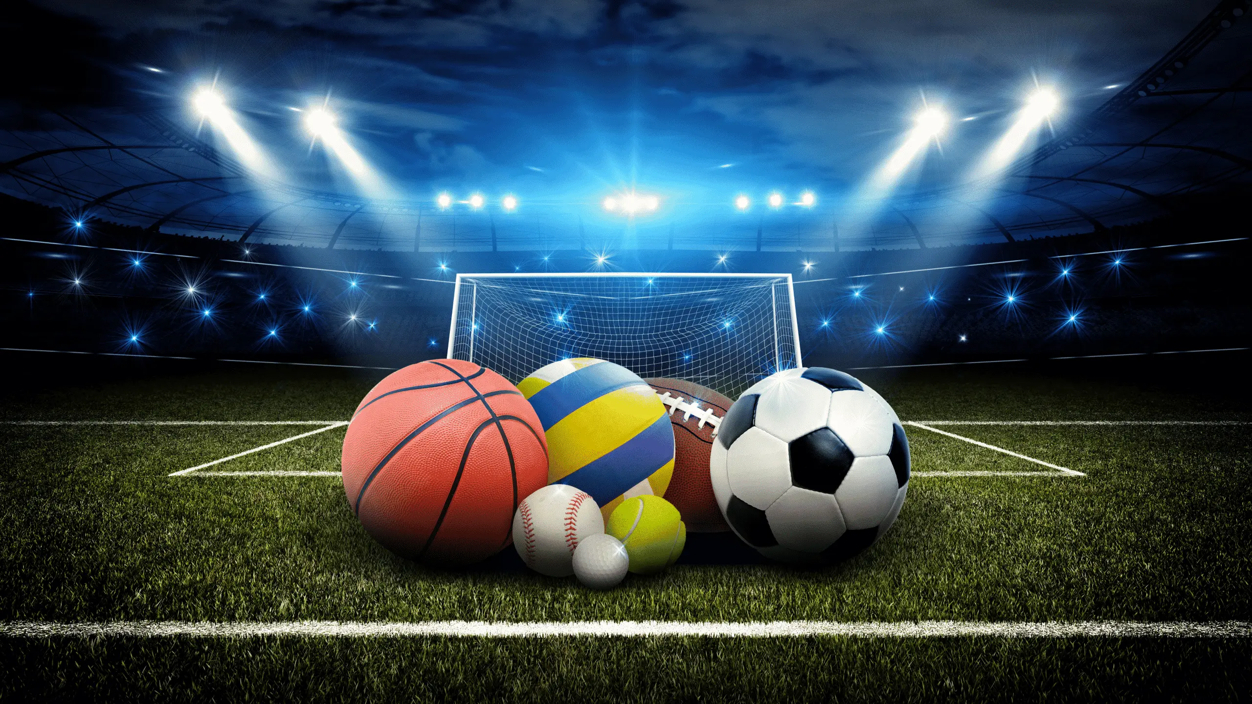 Sports stadium with various sports balls