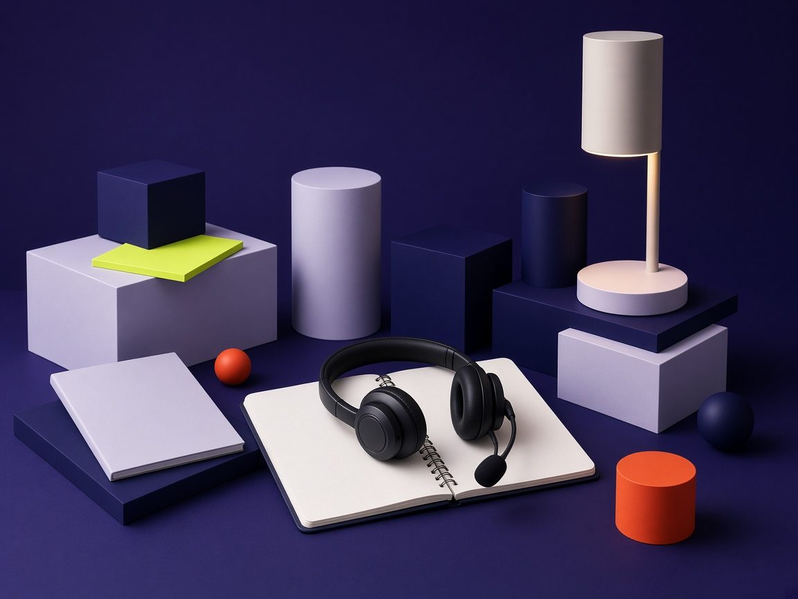 Support desk with headset and notebook