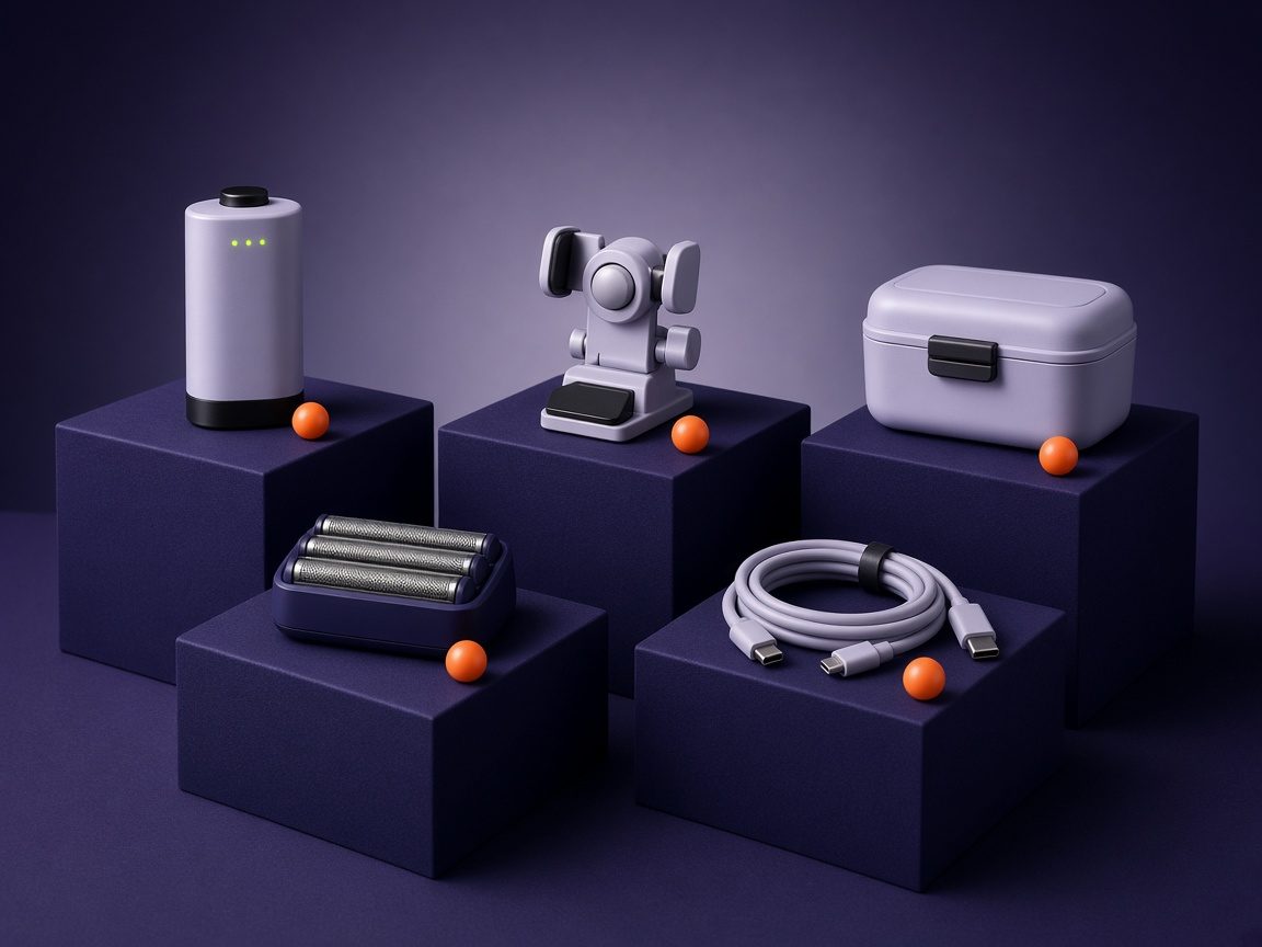 Battery packs, a device mount, replacement shaver heads, a cable, and a case on display cubes