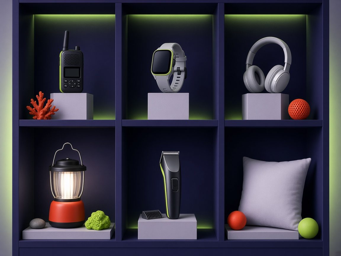 Display shelves holding a marine radio, running watch, headset, lantern, and hair clipper