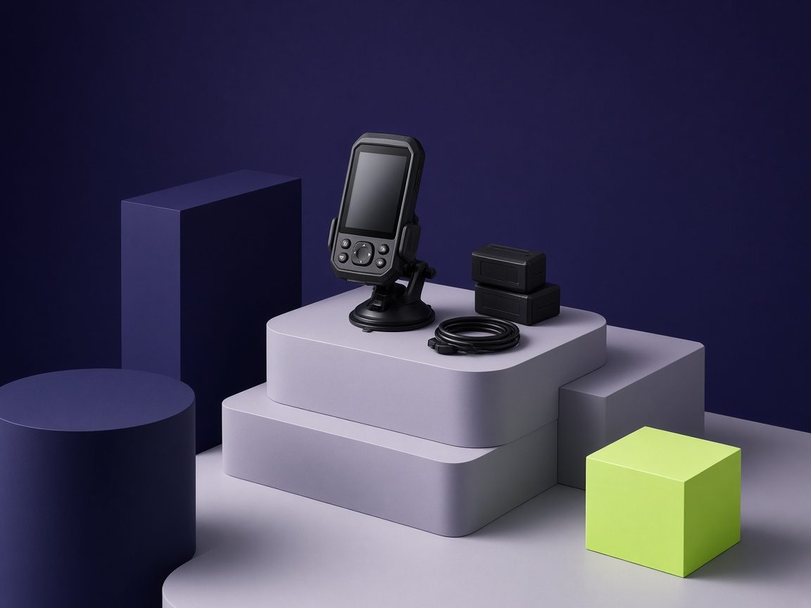 GPS unit bundled with a mount, spare batteries, and a charging cable