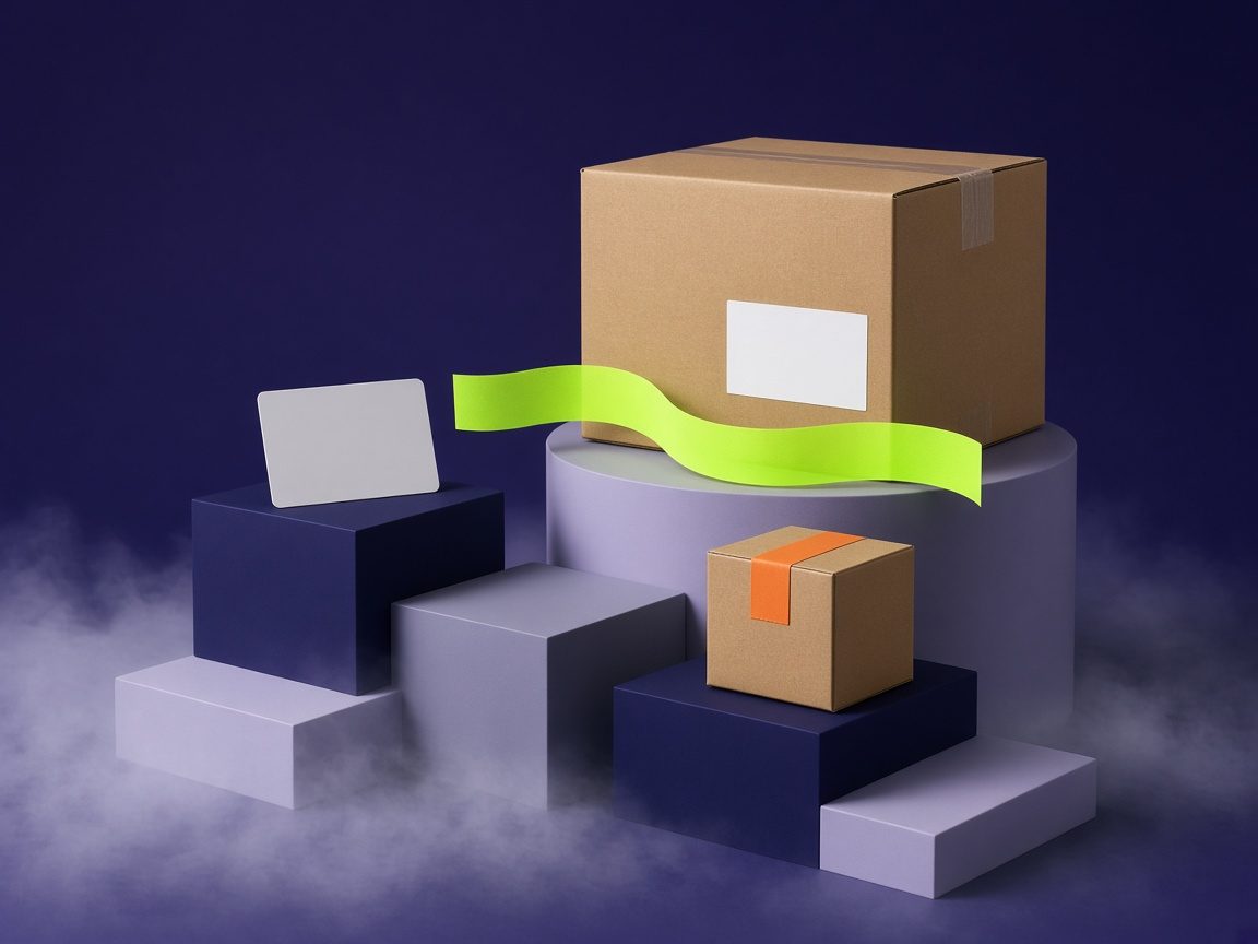 Sealed shipping box with a blank label beside a payment card