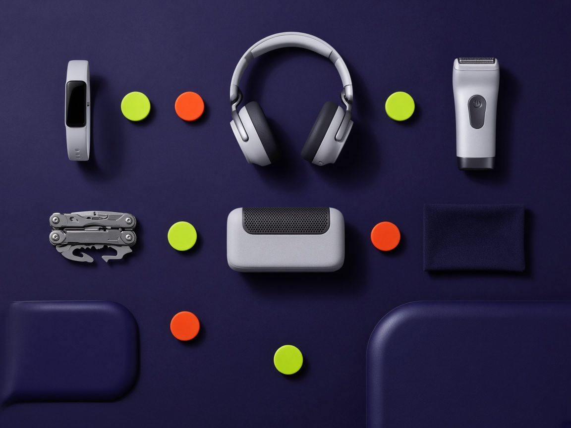 Fitness tracker, headset, travel shaver, multi-tool, and speaker laid out in a grid