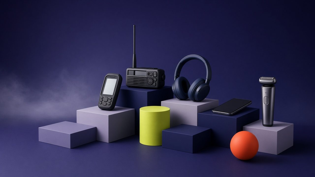 GPS unit, marine radio, headphones, smartphone, and shaver displayed on indigo plinths