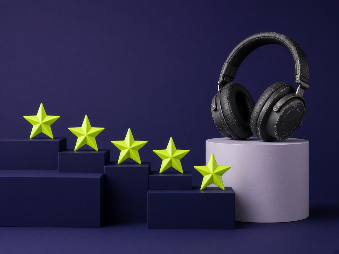 Lime star objects beside headphones